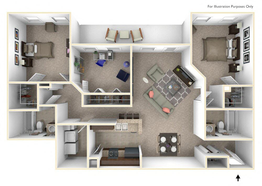 Floor plan for 3 beds, 2 baths, 1265 sqft